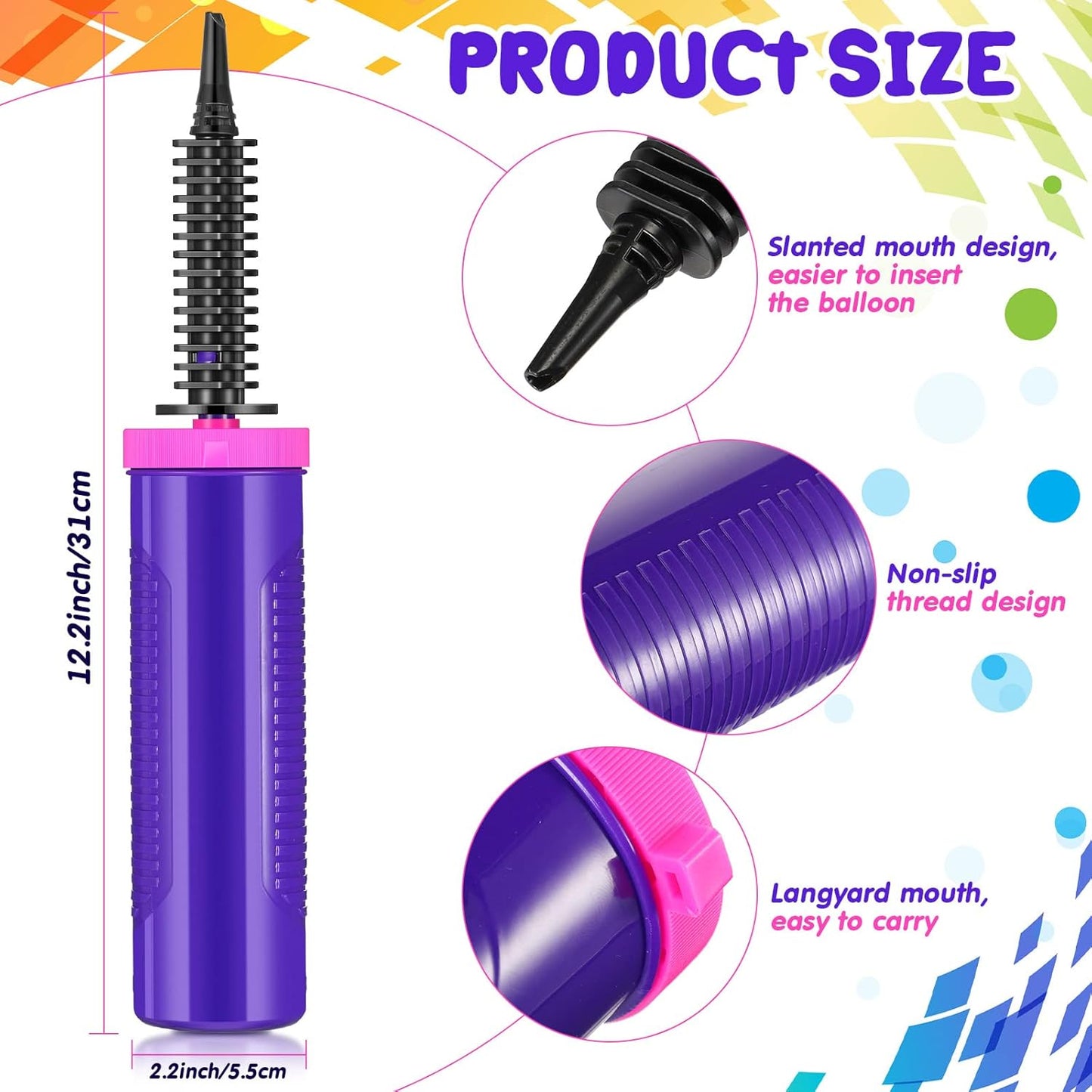 16 Pcs Handheld Balloon Air Pump Inflator Air Pump for Balloons, 2 Way Dual Action Manual Balloon Inflator for Birthday Party Decoration Exercise Yoga Balls Pool Floats, 12 Inch (Rose Red and Purple)