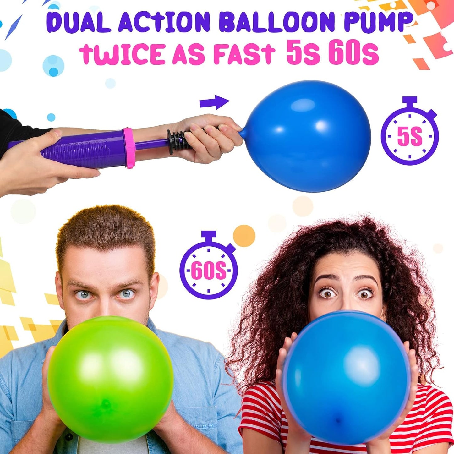 16 Pcs Handheld Balloon Air Pump Inflator Air Pump for Balloons, 2 Way Dual Action Manual Balloon Inflator for Birthday Party Decoration Exercise Yoga Balls Pool Floats, 12 Inch (Rose Red and Purple)