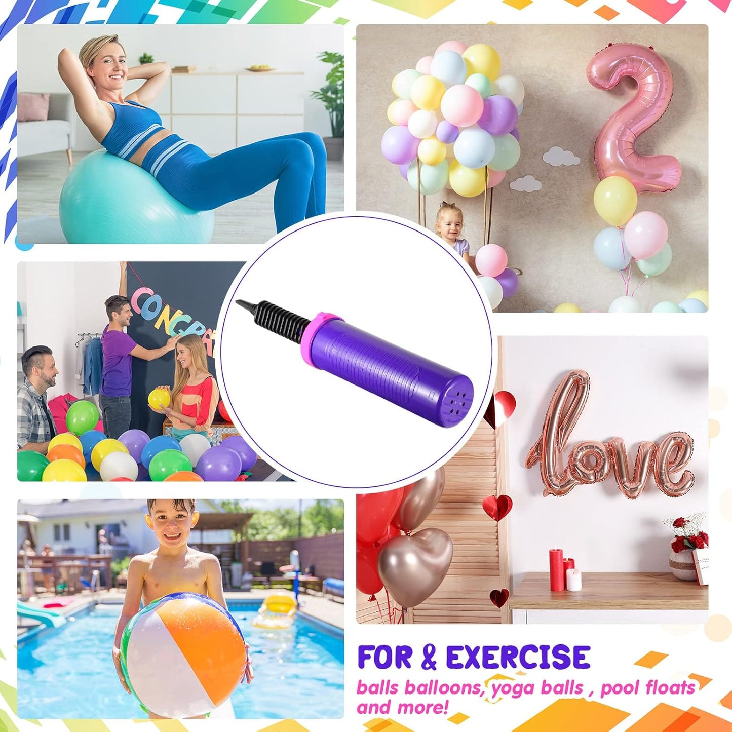 16 Pcs Handheld Balloon Air Pump Inflator Air Pump for Balloons, 2 Way Dual Action Manual Balloon Inflator for Birthday Party Decoration Exercise Yoga Balls Pool Floats, 12 Inch (Rose Red and Purple)