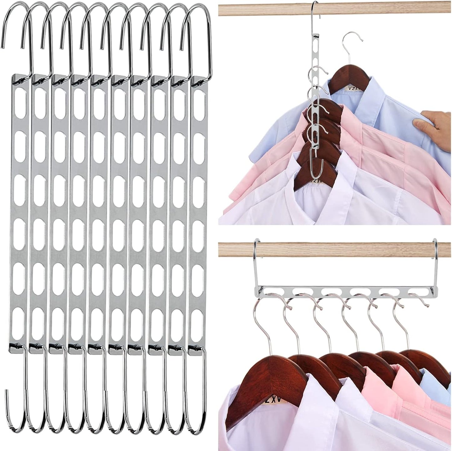 Space Saving Hangers for Clothes, 10 Pack Hanger Organizer Space Saver, Magic Metal Collapsible Closet Organizers, Multiple Hangers in One, College Dorm Room Essentials (V1.0)