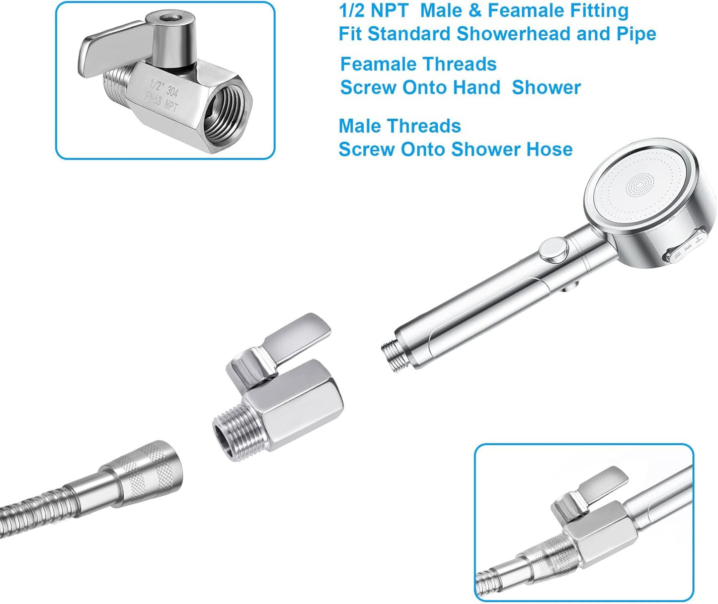 Shower Head Shut Off Valve, 304 Stainless Steel Mini Ball Valve NPT Thread(1/2" Male x 1/2"Female),Shower Head Flow Control Valve,Water Flow Control Valve （2 Pack）