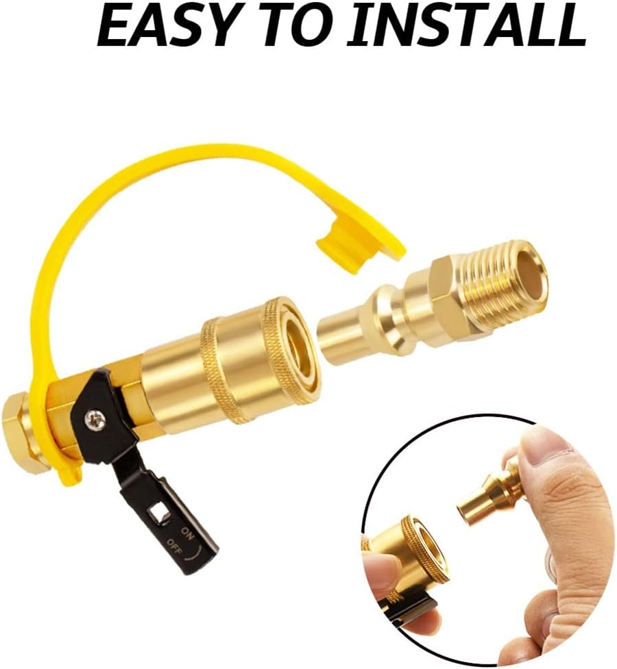 1/4" RV Propane Quick Connect Adapter for Propane Hose, Propane or Natural Gas 1/4" Quick Connect or Disconnect Kit - Shutoff Valve & Full Flow Plug - 100% Solid Brass