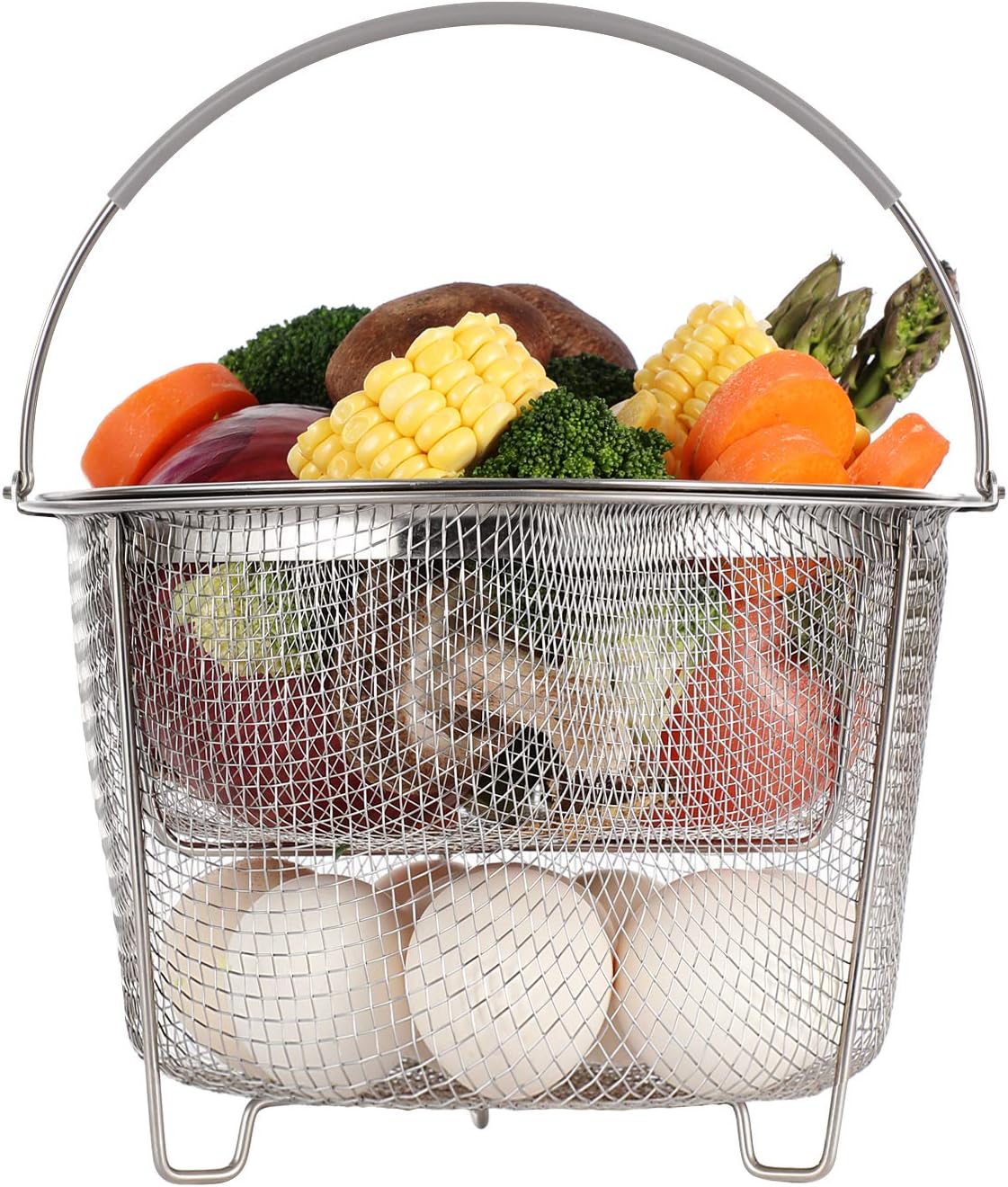 Steamer Basket for Instant Pot Accessories 6 qt or 8 quart - 2 Tier Stackable 18/8 Stainless Steel Mesh - Silicone Handle - Vegetable Steamer Insert, Egg Basket, Pasta Strainer,Silver.