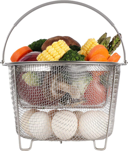 Steamer Basket for Instant Pot Accessories 6 qt or 8 quart - 2 Tier Stackable 18/8 Stainless Steel Mesh - Silicone Handle - Vegetable Steamer Insert, Egg Basket, Pasta Strainer,Silver.