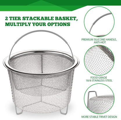 Steamer Basket for Instant Pot Accessories 6 qt or 8 quart - 2 Tier Stackable 18/8 Stainless Steel Mesh - Silicone Handle - Vegetable Steamer Insert, Egg Basket, Pasta Strainer,Silver.