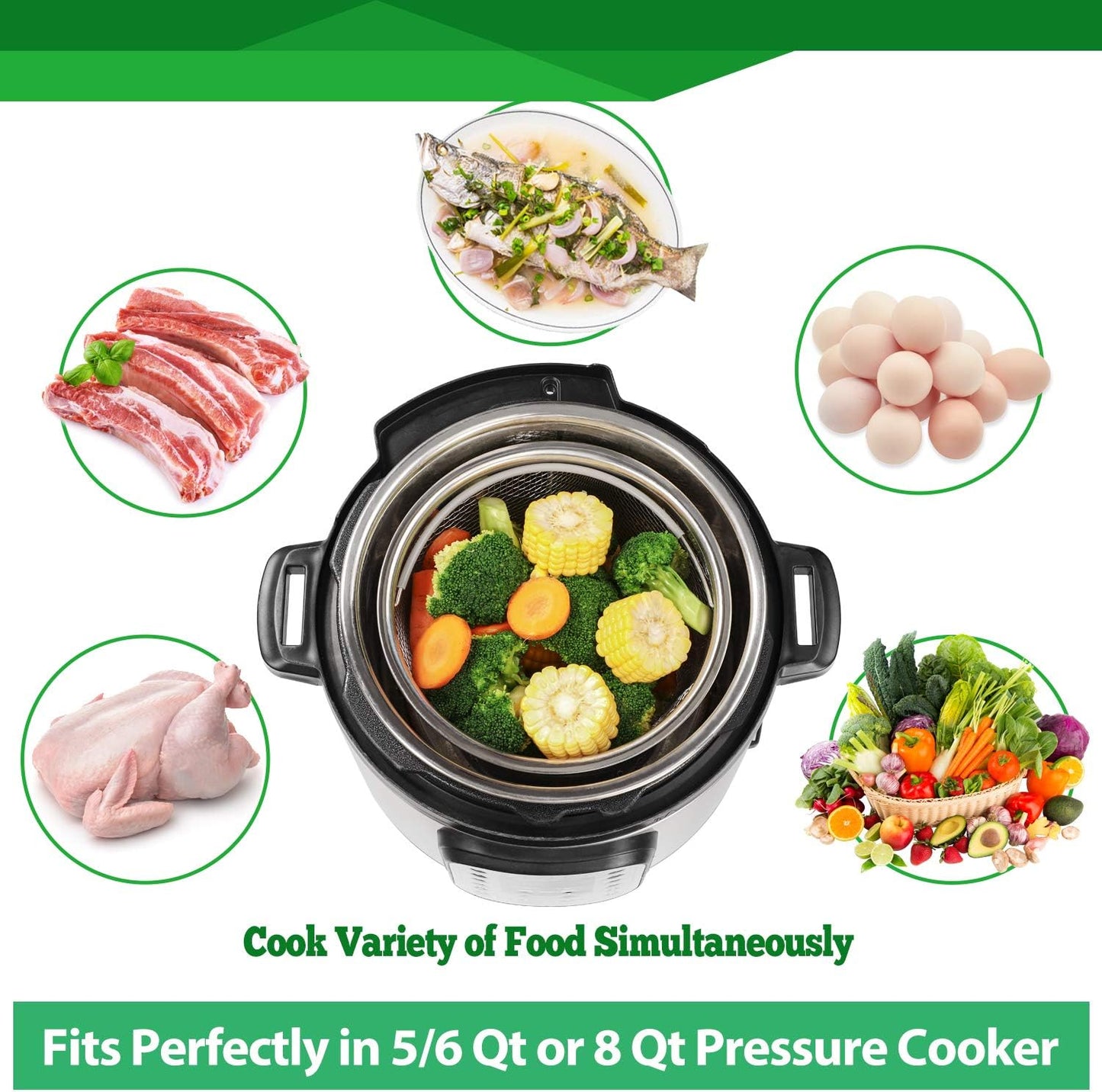 Steamer Basket for Instant Pot Accessories 6 qt or 8 quart - 2 Tier Stackable 18/8 Stainless Steel Mesh - Silicone Handle - Vegetable Steamer Insert, Egg Basket, Pasta Strainer,Silver.