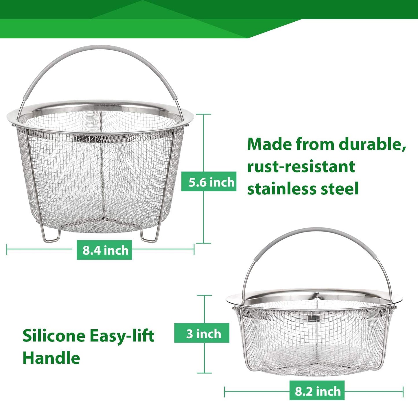 Steamer Basket for Instant Pot Accessories 6 qt or 8 quart - 2 Tier Stackable 18/8 Stainless Steel Mesh - Silicone Handle - Vegetable Steamer Insert, Egg Basket, Pasta Strainer,Silver.