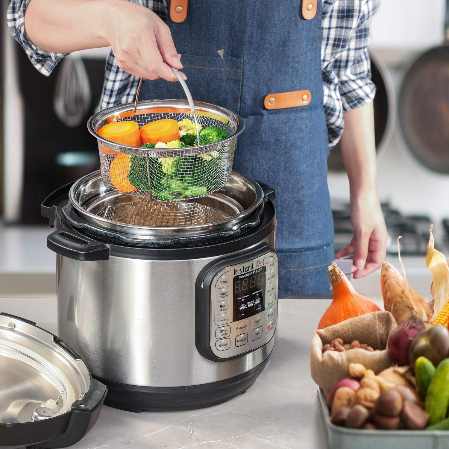 Steamer Basket for Instant Pot Accessories 6 qt or 8 quart - 2 Tier Stackable 18/8 Stainless Steel Mesh - Silicone Handle - Vegetable Steamer Insert, Egg Basket, Pasta Strainer,Silver.