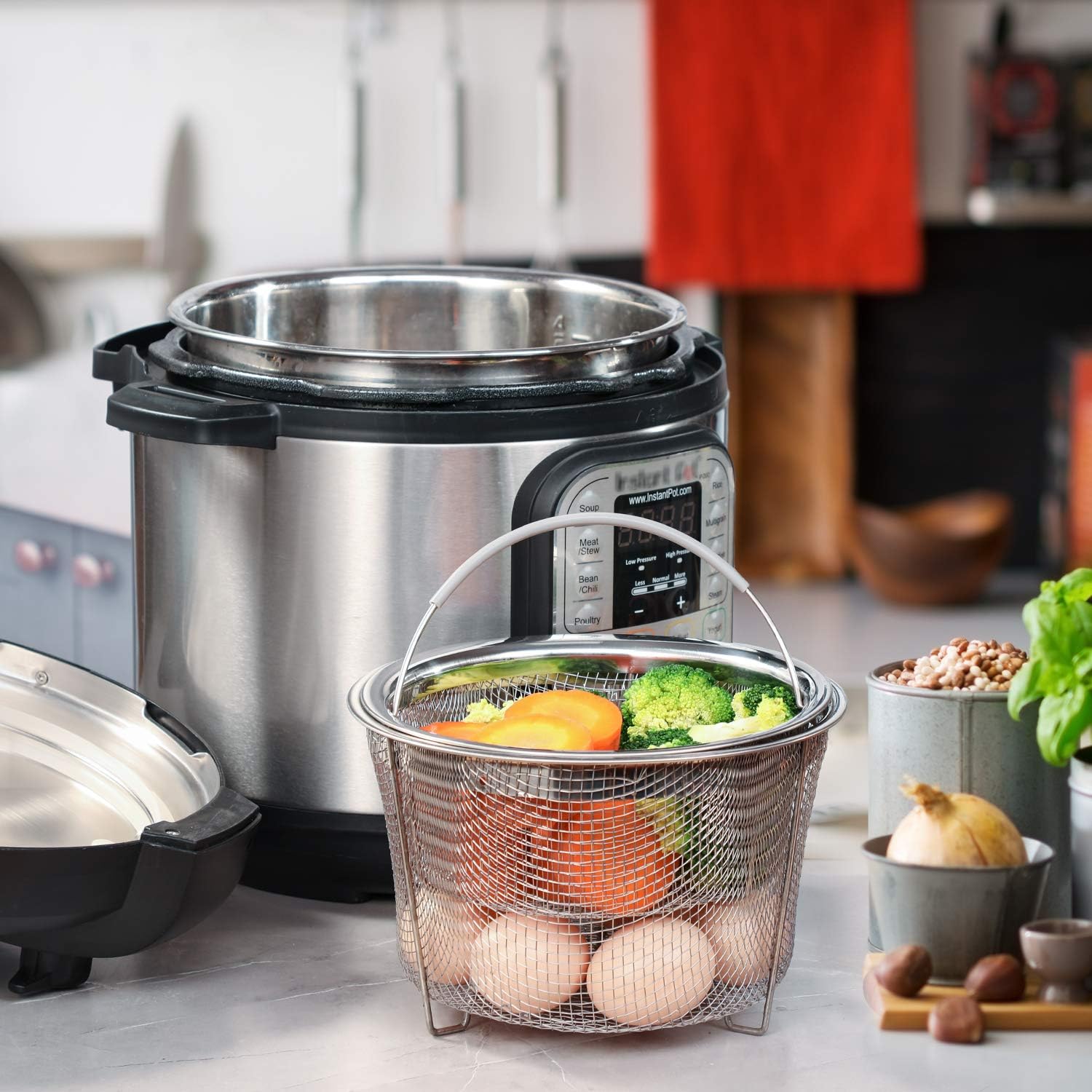 Steamer Basket for Instant Pot Accessories 6 qt or 8 quart - 2 Tier Stackable 18/8 Stainless Steel Mesh - Silicone Handle - Vegetable Steamer Insert, Egg Basket, Pasta Strainer,Silver.