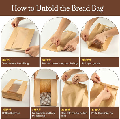 100 Pack Paper Bread Bags with Tin Tie Lock & Clear Window - Large Bakery Bags for Homemade Sourdough Bread, Cookies, Snacks Storage 14"x8.3"x3.5" Includes Seal Stickers
