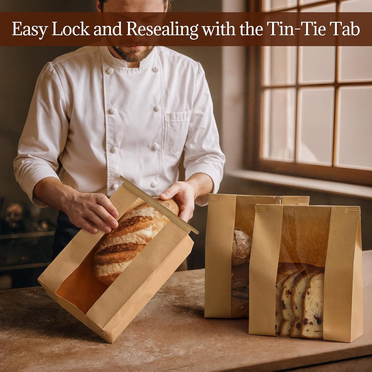 100 Pack Paper Bread Bags with Tin Tie Lock & Clear Window - Large Bakery Bags for Homemade Sourdough Bread, Cookies, Snacks Storage 14"x8.3"x3.5" Includes Seal Stickers