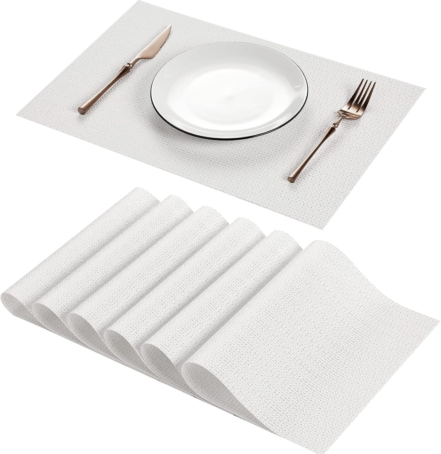 Placemats for Dining Table Set of 6 Woven Vinyl Plastic Place Mats Non-Slip Heat Insulation Stain Resistant Table Mats Washable Easy Clean Placemats (White)