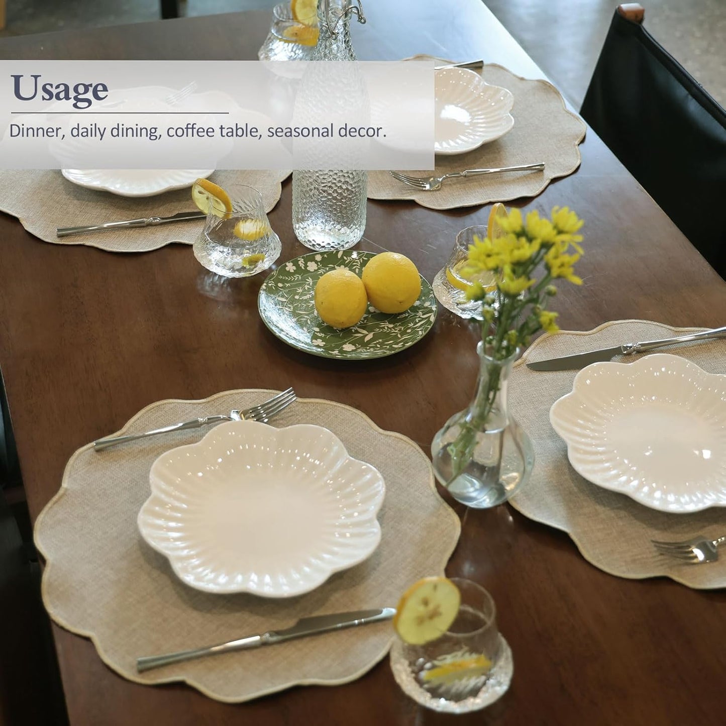 Round Faux Linen Placemats Set of 6 Heat Resistant Non-Slip Stain Proof Table Mats for Kitchen Dining Elegant Decor Place Mats (Linen Beige,6)