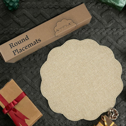 Round Faux Linen Placemats Set of 6 Heat Resistant Non-Slip Stain Proof Table Mats for Kitchen Dining Elegant Decor Place Mats (Linen Beige,6)