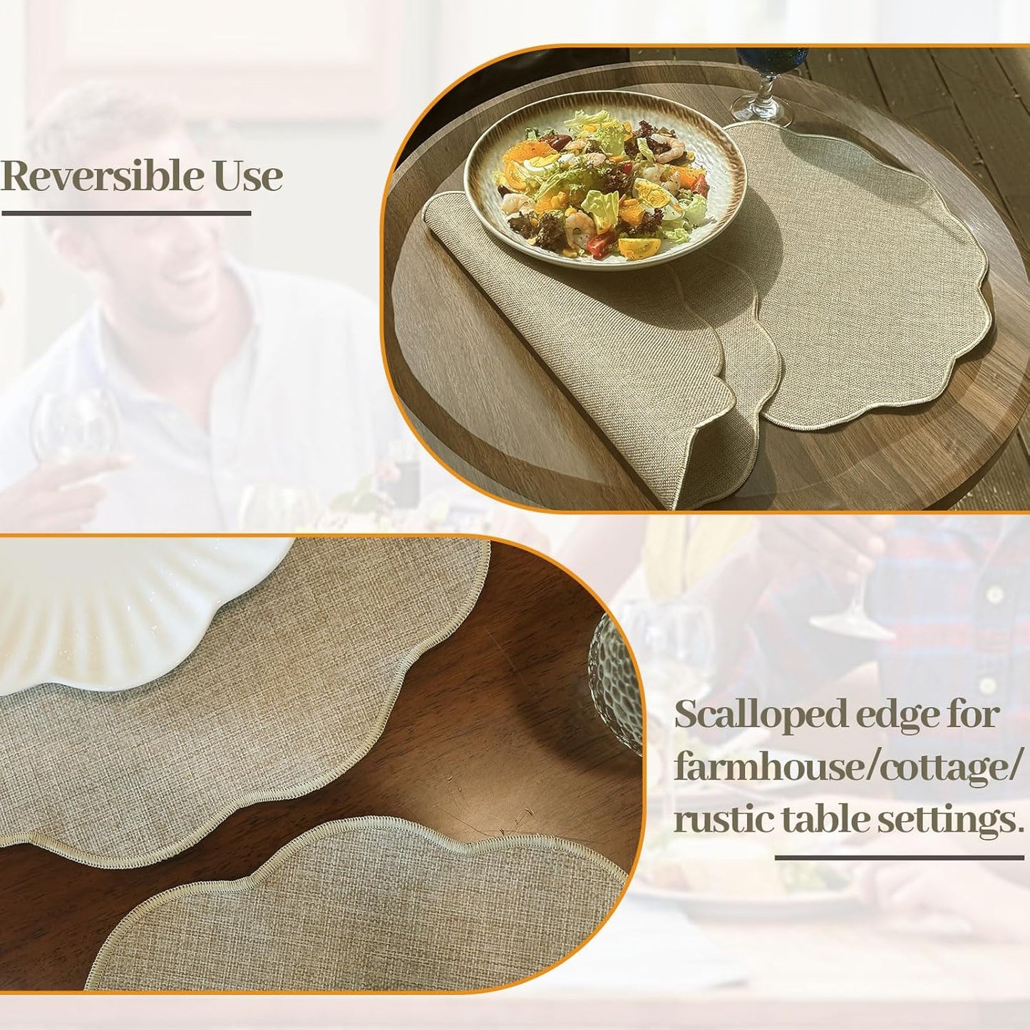 Round Faux Linen Placemats Set of 6 Heat Resistant Non-Slip Stain Proof Table Mats for Kitchen Dining Elegant Decor Place Mats (Linen Beige,6)