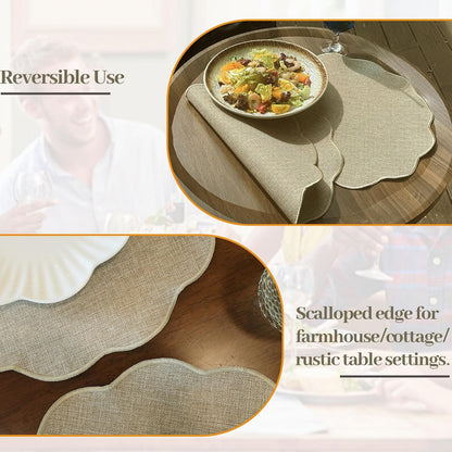 Round Faux Linen Placemats Set of 6 Heat Resistant Non-Slip Stain Proof Table Mats for Kitchen Dining Elegant Decor Place Mats (Linen Beige,6)