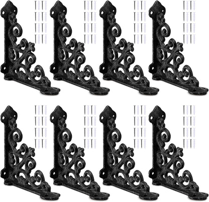 8 Pack Cast Iron Brackets Antique Style Shelf Brackets with Screws 3 7/8" x 3 7/8" Decorative Wall Mount Mental Shelving Heavy Duty Victorian Style Shelf (Black)