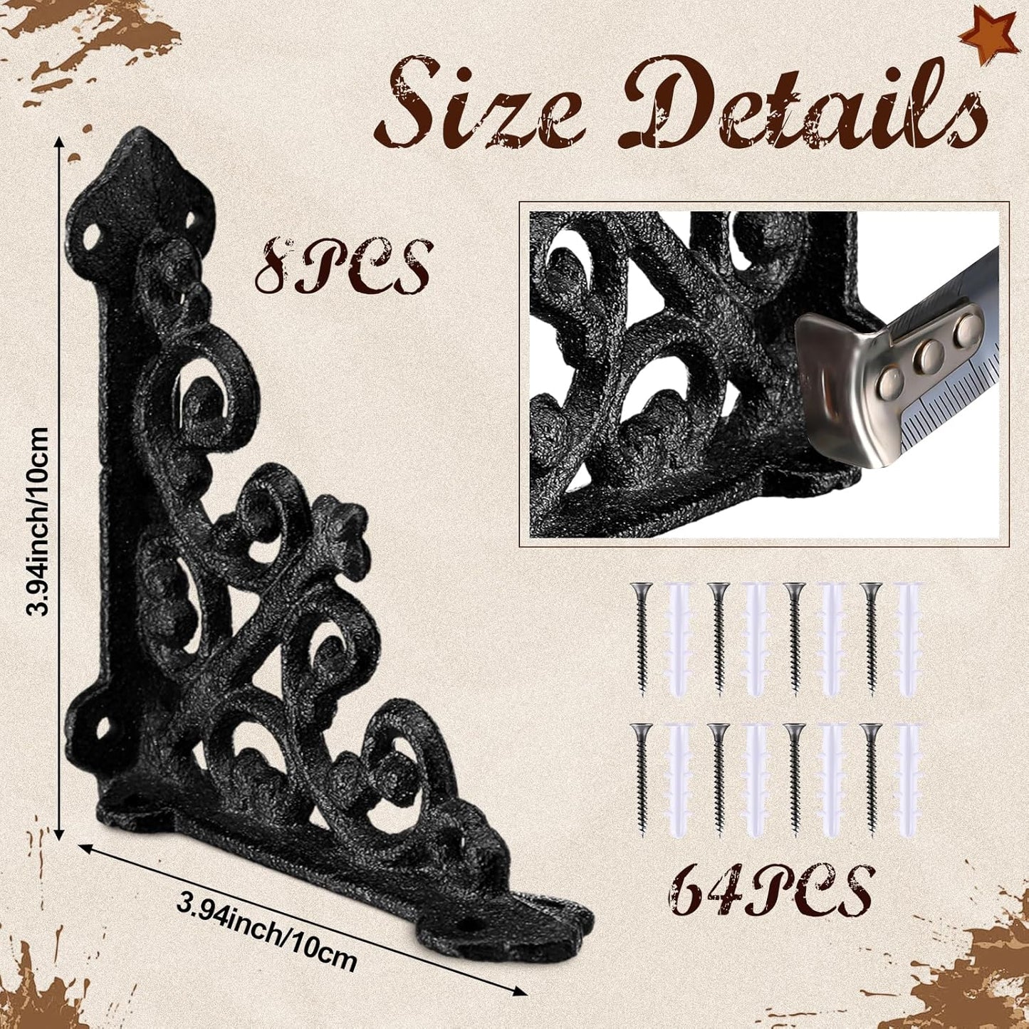 8 Pack Cast Iron Brackets Antique Style Shelf Brackets with Screws 3 7/8" x 3 7/8" Decorative Wall Mount Mental Shelving Heavy Duty Victorian Style Shelf (Black)