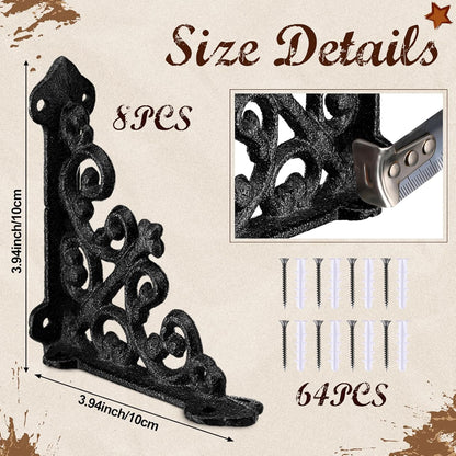 8 Pack Cast Iron Brackets Antique Style Shelf Brackets with Screws 3 7/8" x 3 7/8" Decorative Wall Mount Mental Shelving Heavy Duty Victorian Style Shelf (Black)