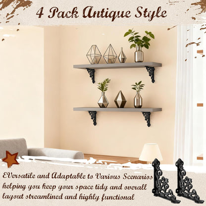 8 Pack Cast Iron Brackets Antique Style Shelf Brackets with Screws 3 7/8" x 3 7/8" Decorative Wall Mount Mental Shelving Heavy Duty Victorian Style Shelf (Black)