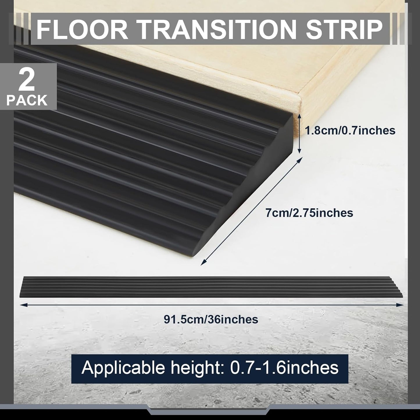 2 Pcs 0.7" Rise Threshold Ramps for Doorways Self Adhesive Rubber Ramps for Door Adjustable Cuttable Rubber Door Threshold Ramp for Wheelchair Stroller Scooter (Black, 39 '' L x 2.76'' W)