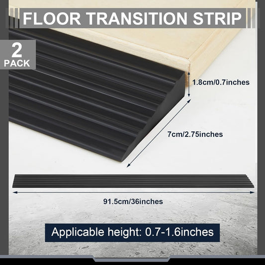 2 Pcs 0.7" Rise Threshold Ramps for Doorways Self Adhesive Rubber Ramps for Door Adjustable Cuttable Rubber Door Threshold Ramp for Wheelchair Stroller Scooter (Black, 39 '' L x 2.76'' W)