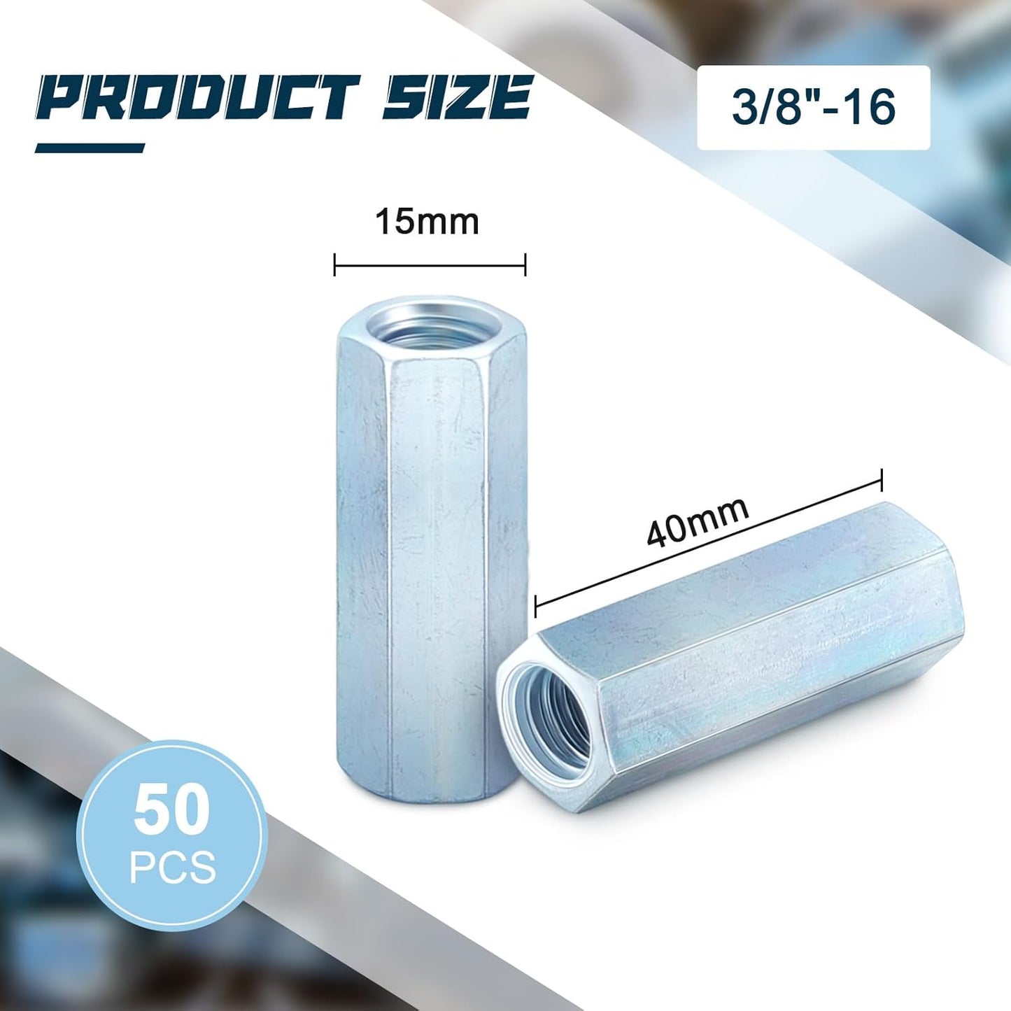 50 Pcs Coarse Coupling Nuts 3/8''-16, Zinc Plated Carbon Steel