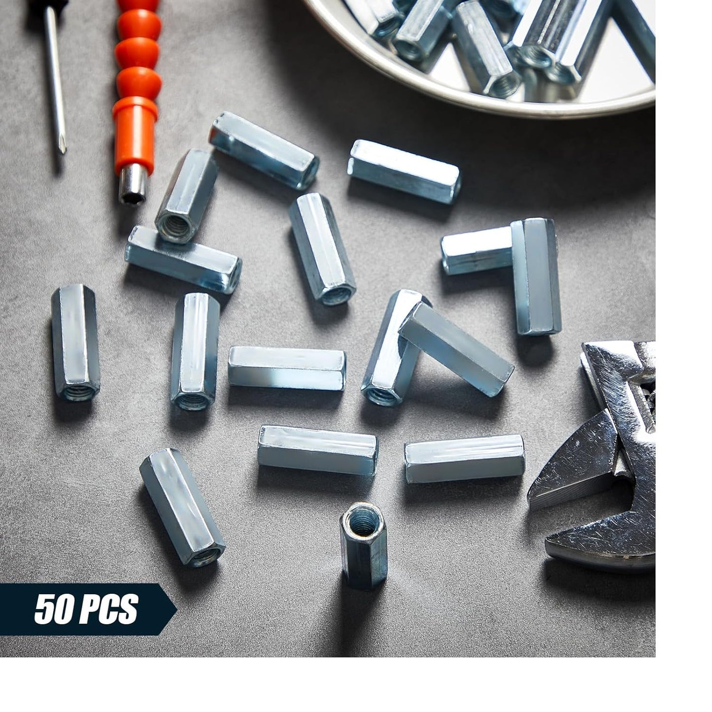 50 Pcs Coarse Coupling Nuts 3/8''-16, Zinc Plated Carbon Steel