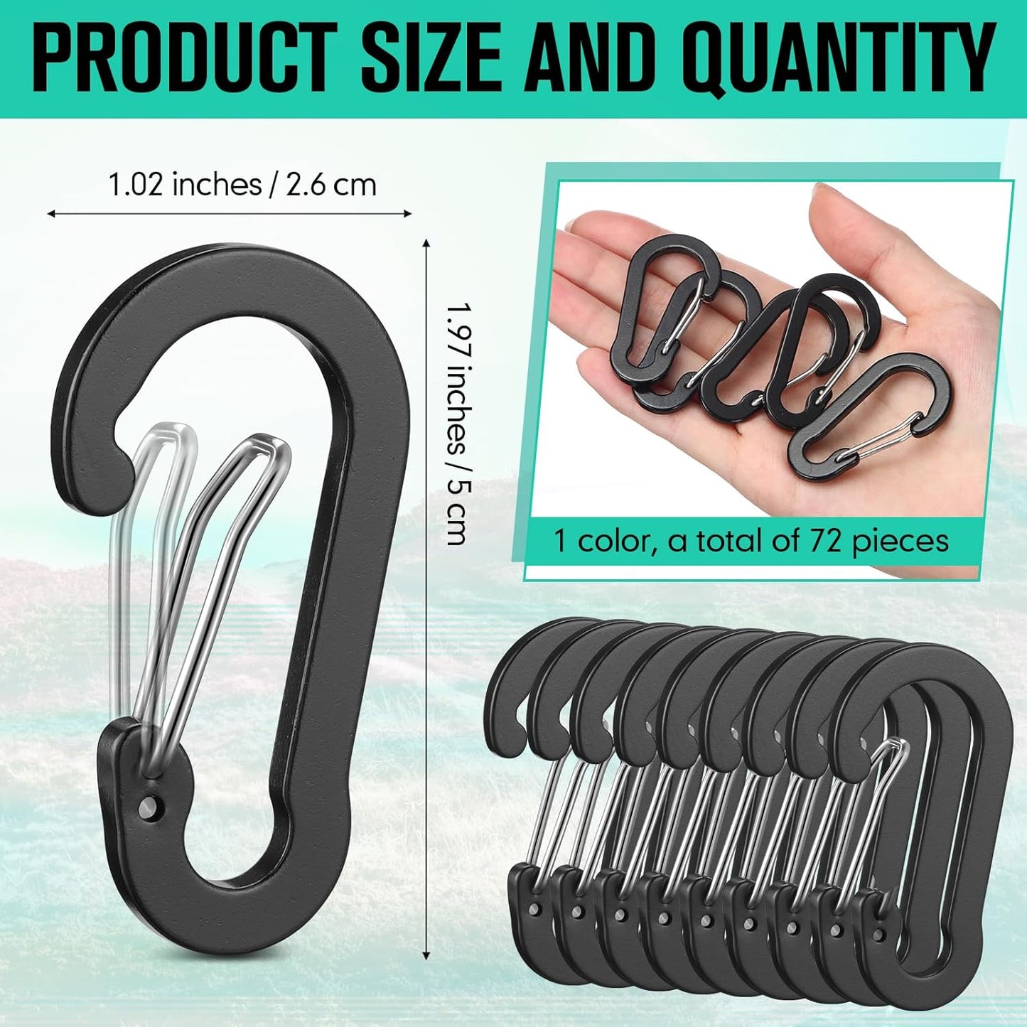 72pcs Carabiner Clips Bulk 2 Inch Small Spring Mini Carabiner Clip Aluminum Lightweight D-Shape Spring for Keychain Climbing Fishing Hiking Outdoor