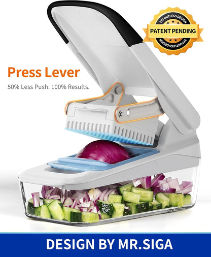 Vegetable Chopper with Container, 2 in 1 Manual Hand Food Chopper with 2 Stainless Steel Chopping Blades for Potato Strips, Onion Cubers, Carrot Sticks, White & Black