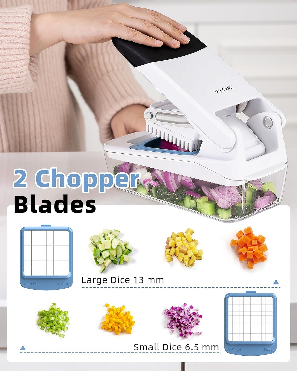 Vegetable Chopper with Container, 2 in 1 Manual Hand Food Chopper with 2 Stainless Steel Chopping Blades for Potato Strips, Onion Cubers, Carrot Sticks, White & Black