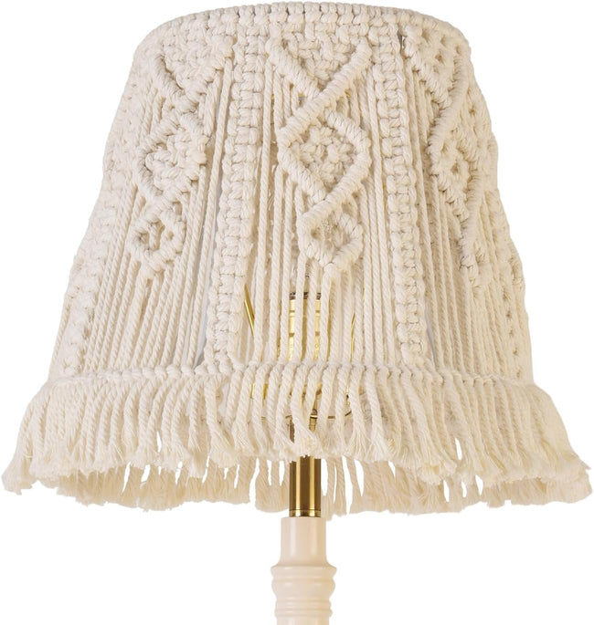 White-Ivory Boho Woven Lamp Shade Bell Tassels Lampshade 7.5``Top x 12``Bottom x 11``High(Spider) Medium Handmade Lamp Shades for Table & Bedside Lamp - Easy Assemble Hover Image