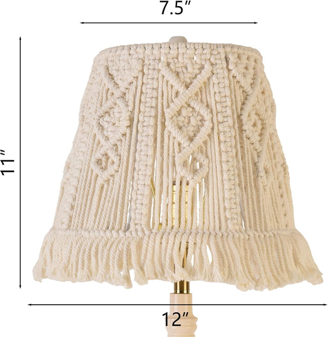 White-Ivory Boho Woven Lamp Shade Bell Tassels Lampshade 7.5``Top x 12``Bottom x 11``High(Spider) Medium Handmade Lamp Shades for Table & Bedside Lamp - Easy Assemble Main Image