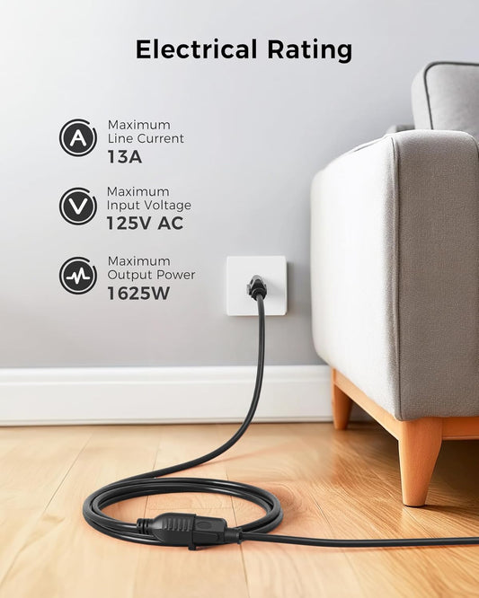 [ETL Listed]  6-Pack 16 AWG Heavy Duty 13A Short Power Extension Cord - 1ft, 3 Prong Power Cord Extension, NEMA 5-15P to NEMA 5-15R, Black