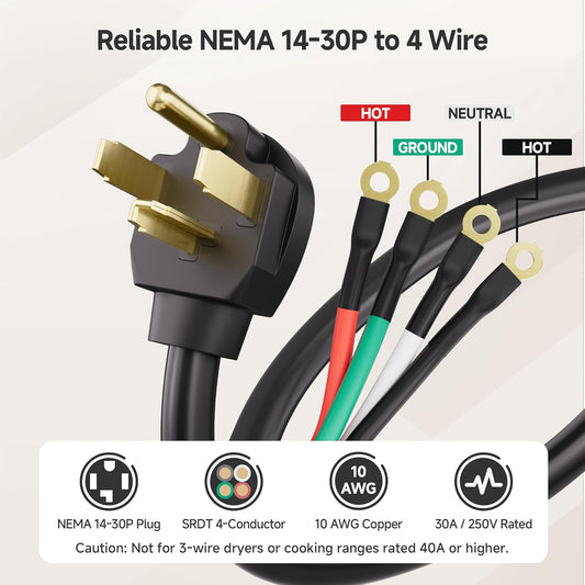 4 Prong Dryer Cord - 10ft, Supports 30A/250V/7500W, 10AWG, NEMA 14-30P to 4 Wire, Dryer Power Cord