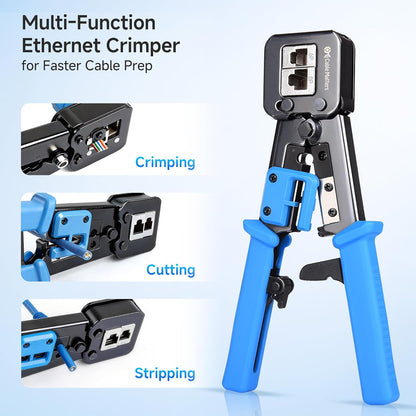 Modular RJ45 Crimp Tool for Pass-Through Connectors (Pass-Through Ethernet Crimper) with Built-in Wire Cutter and Stripper - 10-Pack Cat6 RJ45 Connectors Included