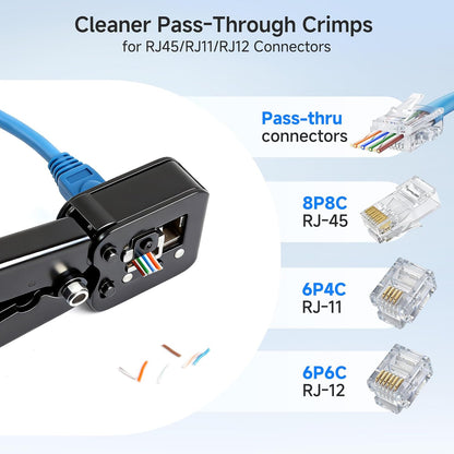 Modular RJ45 Crimp Tool for Pass-Through Connectors (Pass-Through Ethernet Crimper) with Built-in Wire Cutter and Stripper - 10-Pack Cat6 RJ45 Connectors Included