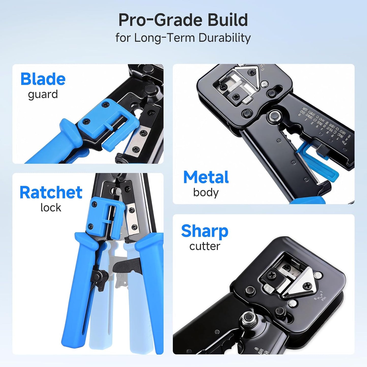 Modular RJ45 Crimp Tool for Pass-Through Connectors (Pass-Through Ethernet Crimper) with Built-in Wire Cutter and Stripper - 10-Pack Cat6 RJ45 Connectors Included