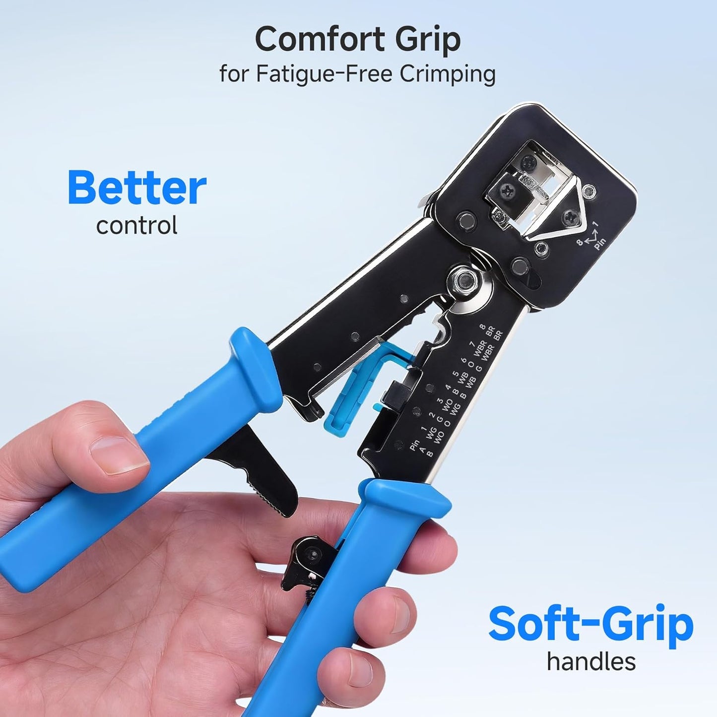 Modular RJ45 Crimp Tool for Pass-Through Connectors (Pass-Through Ethernet Crimper) with Built-in Wire Cutter and Stripper - 10-Pack Cat6 RJ45 Connectors Included