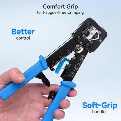 Modular RJ45 Crimp Tool for Pass-Through Connectors (Pass-Through Ethernet Crimper) with Built-in Wire Cutter and Stripper - 10-Pack Cat6 RJ45 Connectors Included