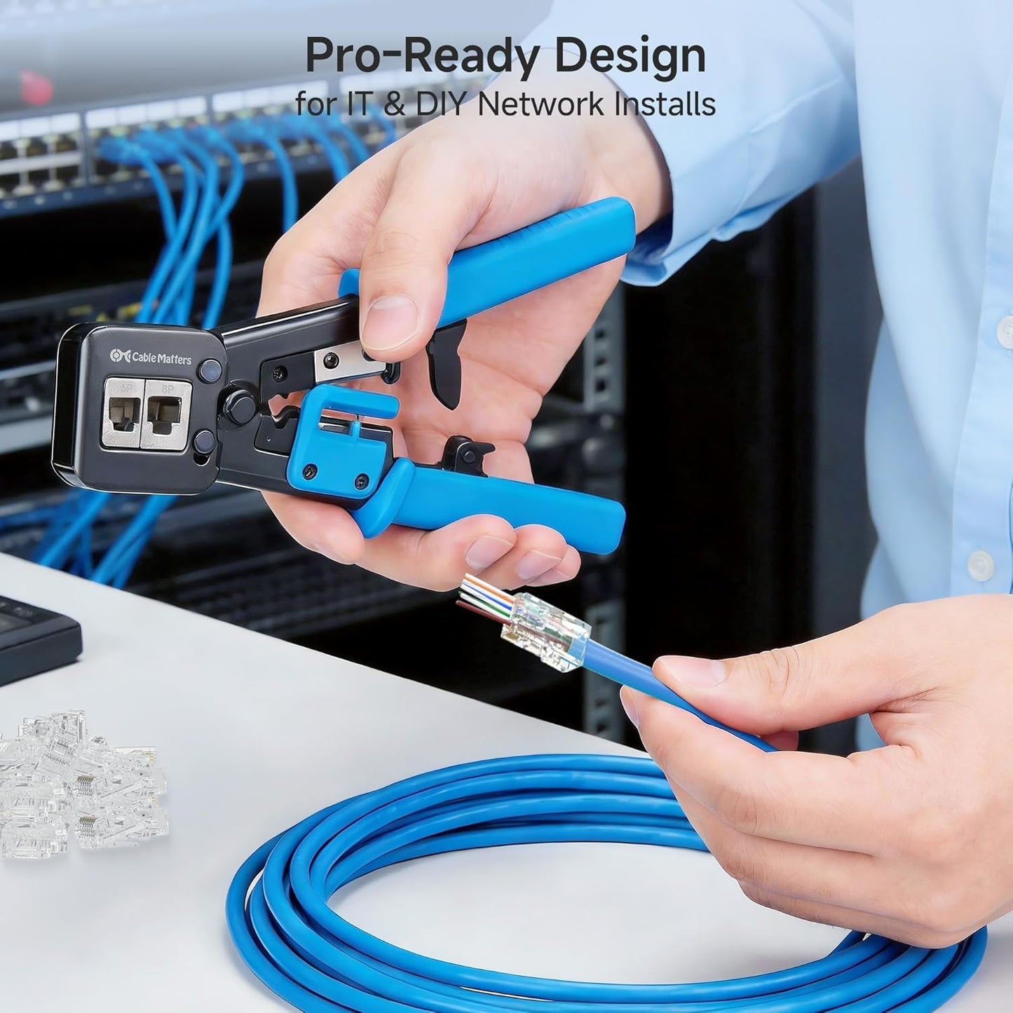 Modular RJ45 Crimp Tool for Pass-Through Connectors (Pass-Through Ethernet Crimper) with Built-in Wire Cutter and Stripper - 10-Pack Cat6 RJ45 Connectors Included