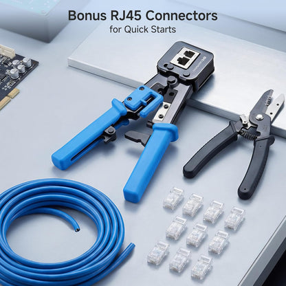 Modular RJ45 Crimp Tool for Pass-Through Connectors (Pass-Through Ethernet Crimper) with Built-in Wire Cutter and Stripper - 10-Pack Cat6 RJ45 Connectors Included