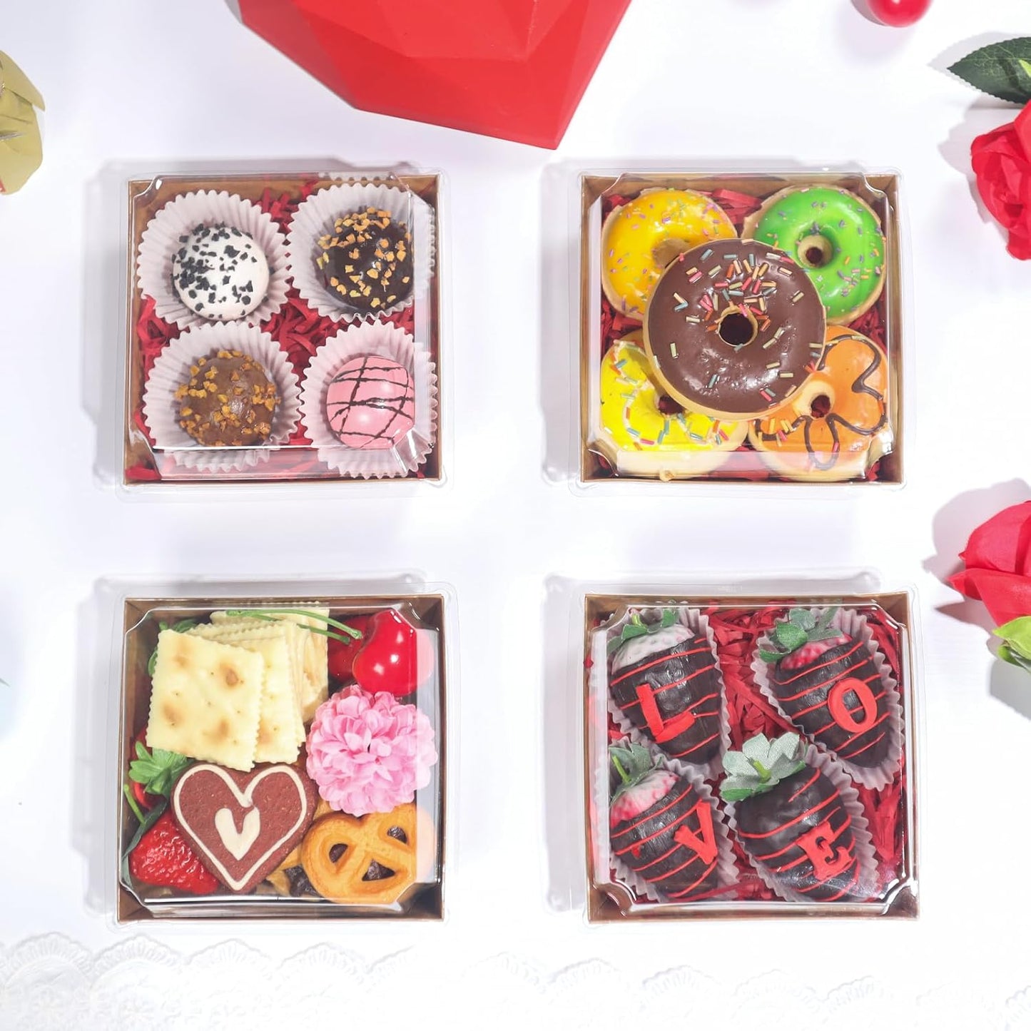 100Pack 4x4x2.5 Inches Charcuterie Boxes with Clear Lids - Bakery, Chocolate Covered Strawberries, Cupcake, Pie, Treat, Macaron Boxes for Christmas, Valentine's
