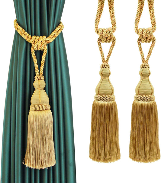 2 Pack Tassel Curtain Tiebacks Holdback Large Handmade Drapery Tie-Backs Rope Home Office Hotel Elegant Decorative (Gold)