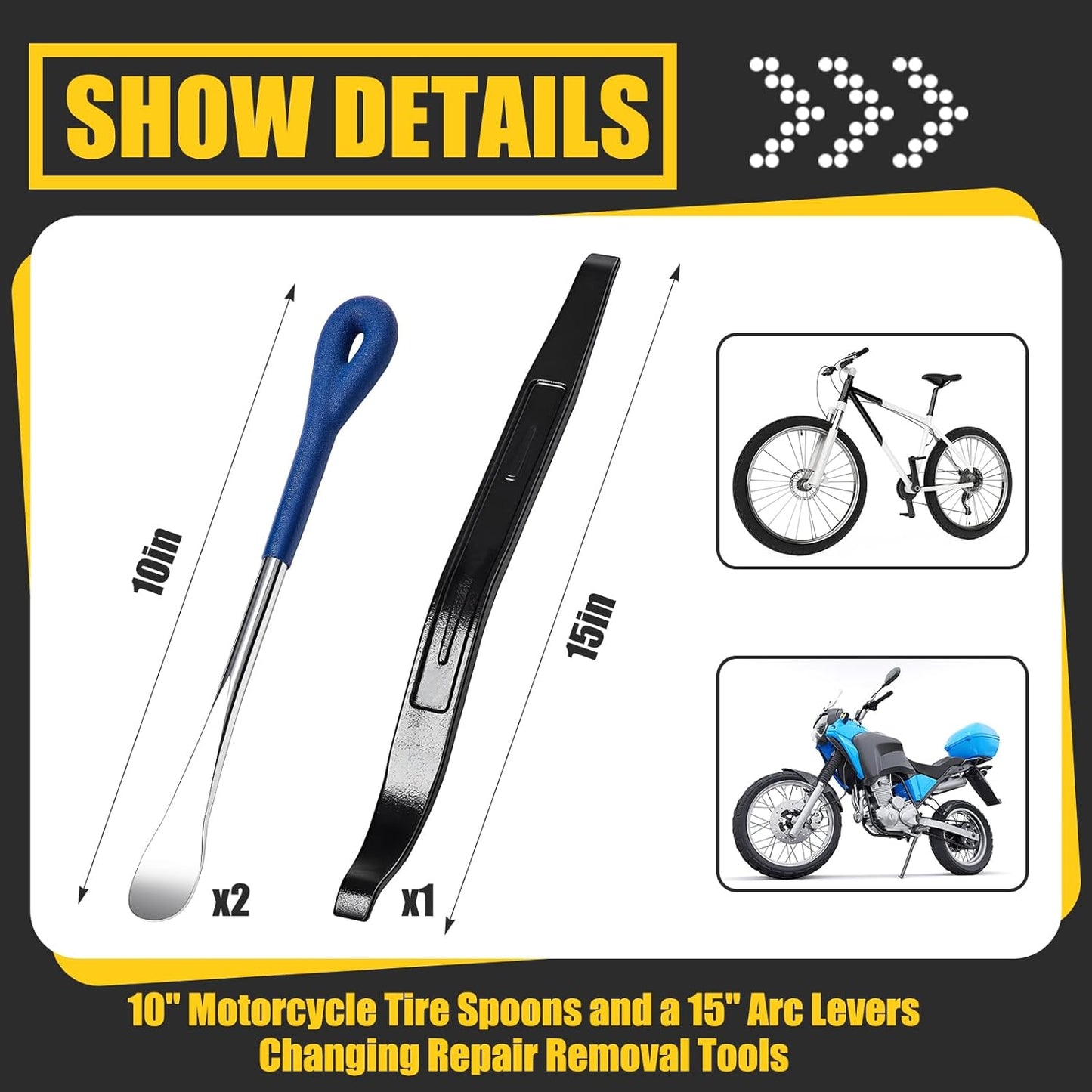3 Pcs Tire Iron Kit Include 2 Pcs 10" Motorcycle Tire Spoons and a 15" Arc Levers Changing Repair Removal Tools for Dirt Bike Motorcycle ATV