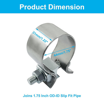 1.75 inch Exhaust Clamp 1 3/4" Stainless Steel Narrow Band Muffler Clamp, 2Pcs