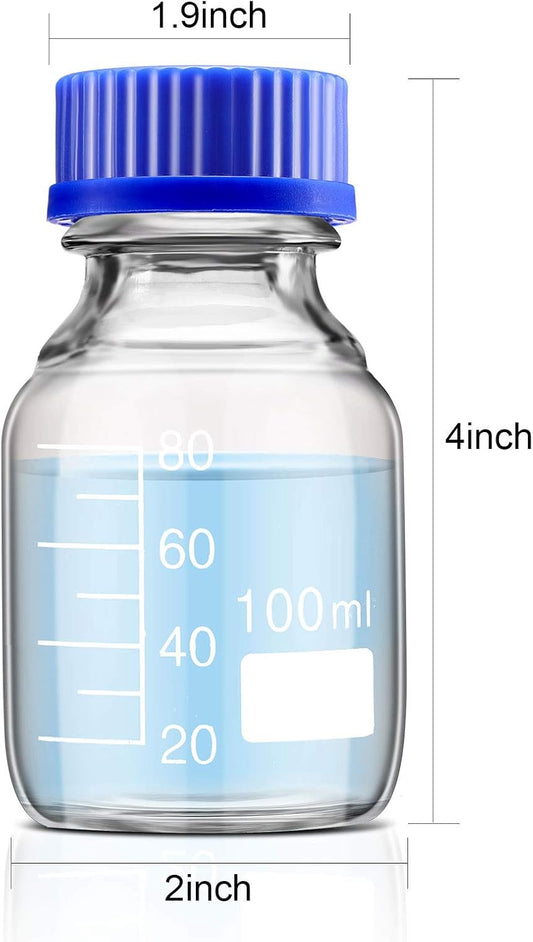 4 Pieces Glass Round Media Storage Glass Bottles Borosilicate Media Bottles with GL45 Blue Screw Cap for Lab Water Reagent Liquids(100 ml)