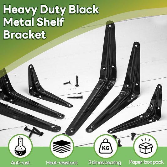 24 Pack Shelf Brackets 8 x 6 Inch, Heavy Duty Black Metal Floating Shelf Bracket, L Bracket Corner Brace Support J Bracket, Decorative Joint Angle Bracket for Hanging