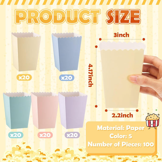 100 Pcs Mini Popcorn Boxes for Party Colorful Paper Candy Favor Containers Buckets Supplies for Movie Theater Birthday Carnival Bridal Decorations(Pastel,Classic Style)