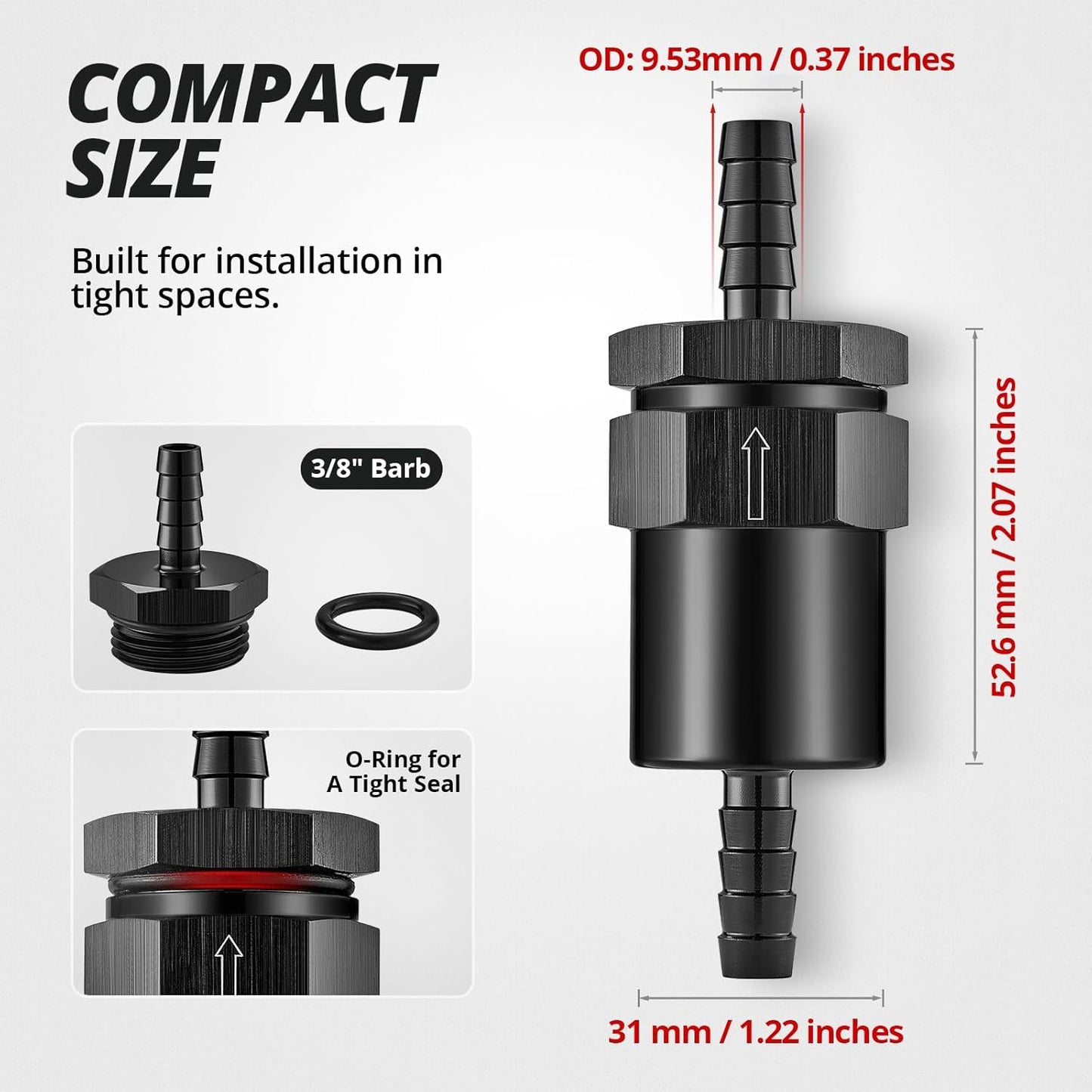 3/8" Barb Billet Inline Fuel Filter 30 Micron Aluminum Black for Car EFI & Carb Fuel Systems, Motorcycle and Boats
